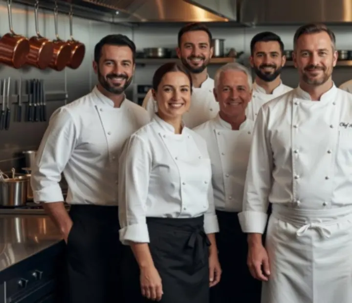 Elegáns konyhai csapat és séf csoportképe fine dining étteremben