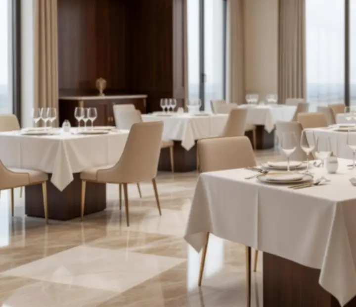 Elegáns, márvány és diófa elemekkel berendezett fine dining étterem belső tere