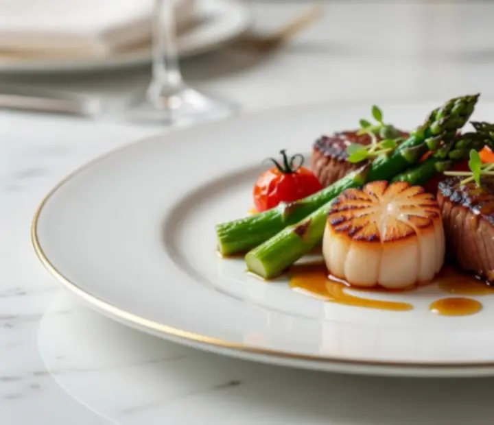 Művészien tálalt fine dining fogás elegáns porcelán tányéron