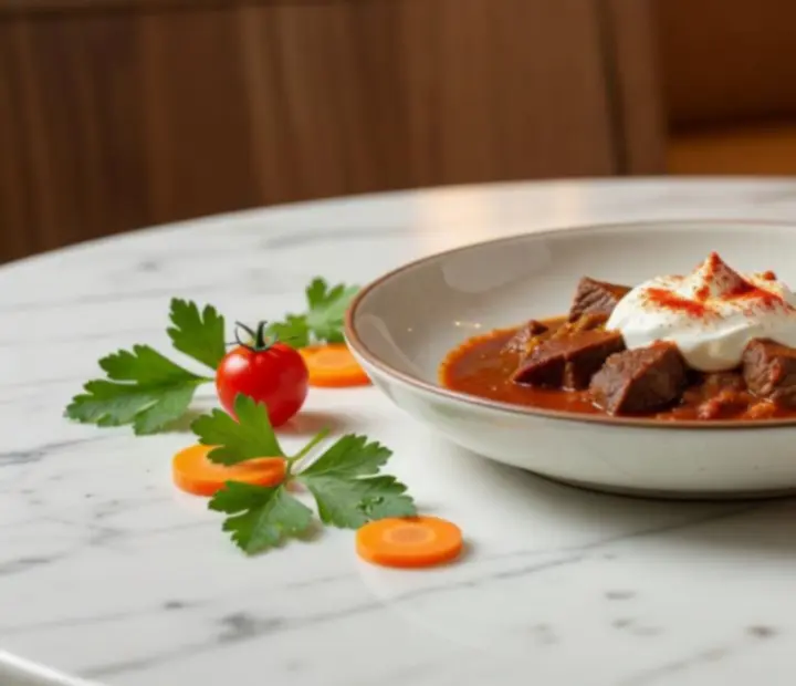 Fine dining tányér elegáns tálalással egy márványasztalon