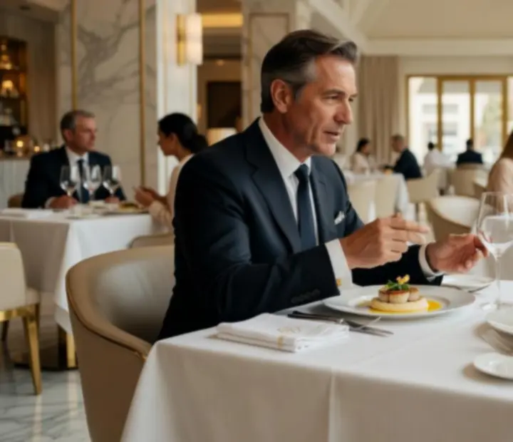 Vendég fine dining vacsora közben értékeli az élményt elegáns enteriőrben