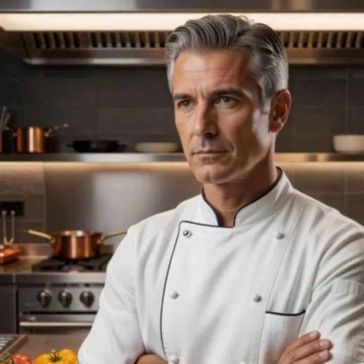 Vezető séf elegáns konyhai környezetben, fine dining fogást készítve