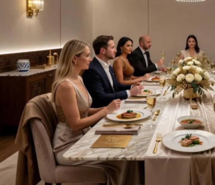 VIP rendezvény elegáns privát szalonban, finom borokkal és gyertyafényes asztalokkal
